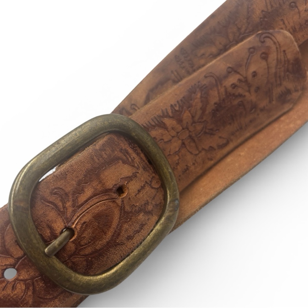Vintage A&F patina tooledfloral genuine Leather Belt Brass Buckle western L - Picture 5 of 16